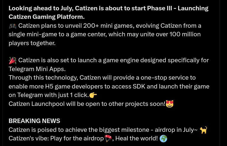 Catizen announcement for July token airdrop launch date