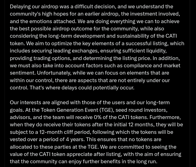 Catizen team's response to the player's airdrop concern
