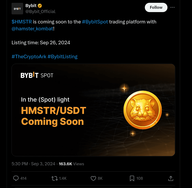 Bybit to List Hamster Kombat Token Amid Airdrop Announcement