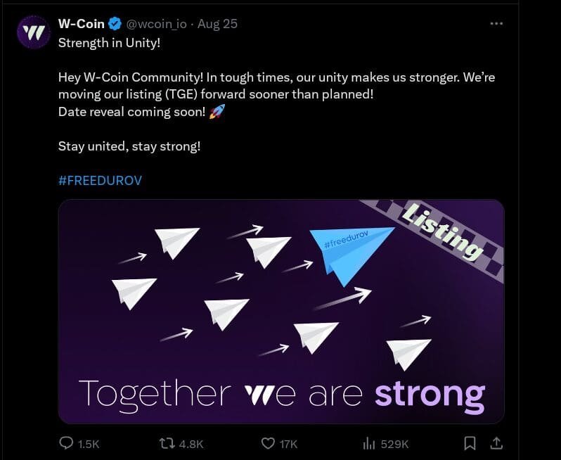 W-Coin Airdrop and Listing Date Near Launch