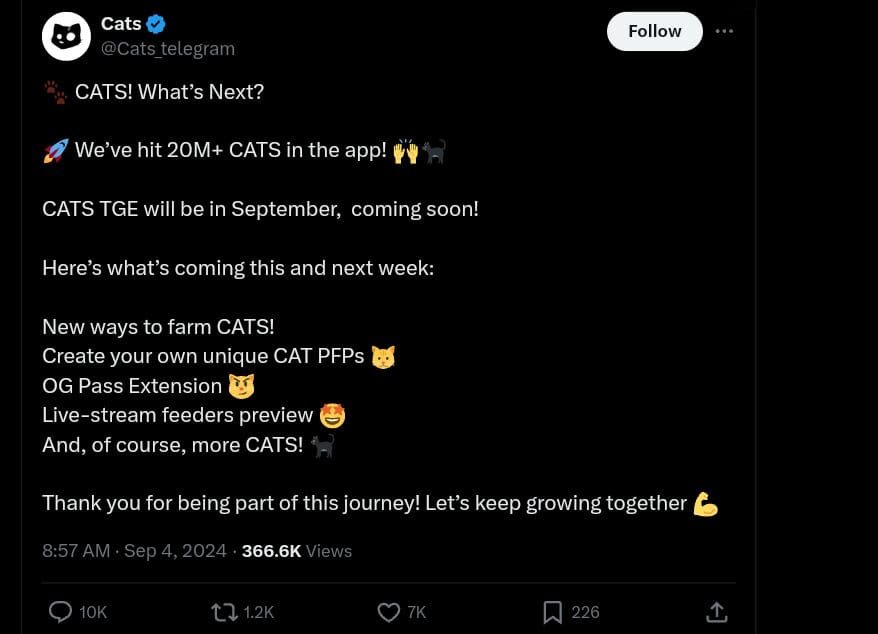 CATS Token Reaches 20 Million Users Ahead of Airdrop and Listing Date
