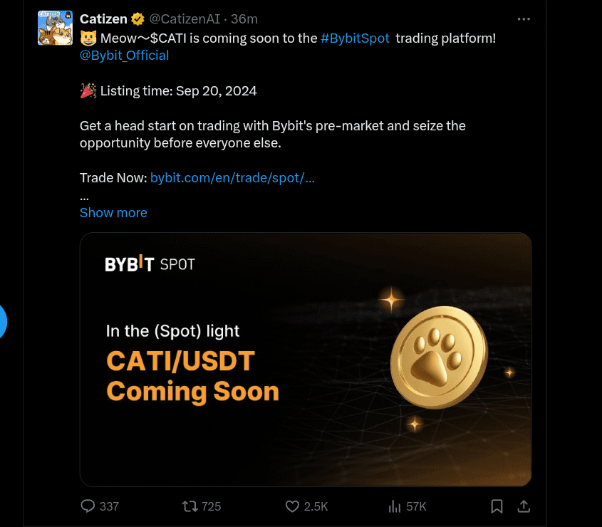 Catizen ($CATI) Coin to be Listed on Bybit Spot Market