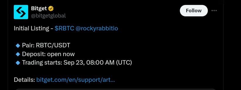 Bitget Announces Initial Listing of RabBitcoin (RBTC) for September 23