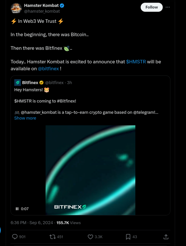 Hamster kombat Confirm $HMSTR Listing On Bitfinex