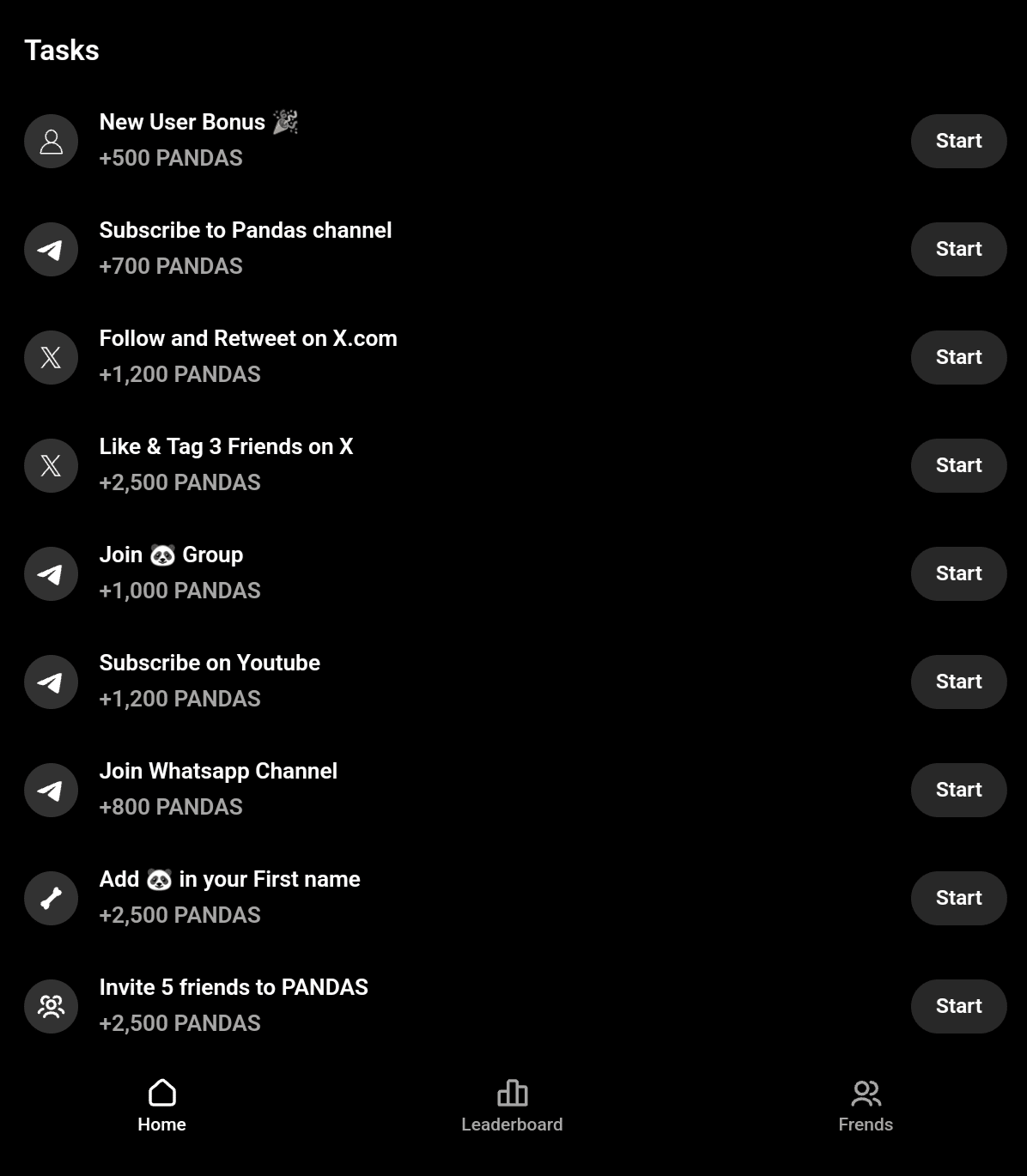 tasks to receive Pandas airdrop.