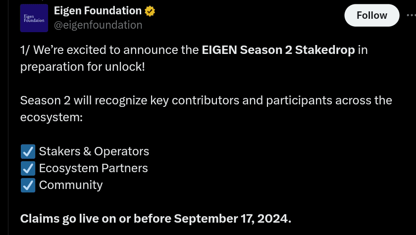 Eigen Layer Foundation Announces Season 2 EIGEN Token Airdrop