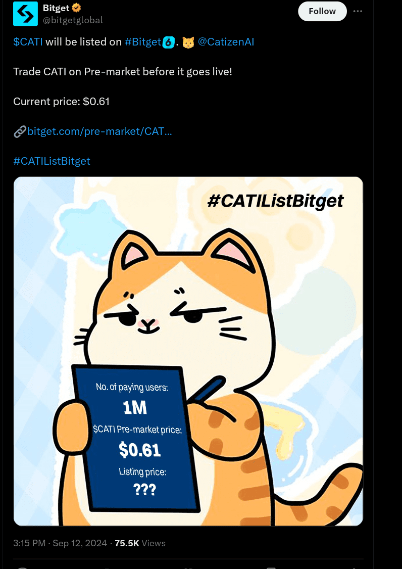 CATI Token Pre-Market Trading Begin on Bitget — Price And Other Details Inside 