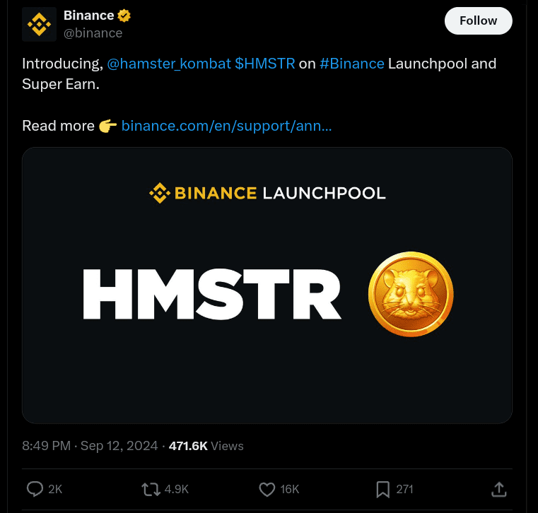 Binance Introduces Hamster Kombat (HMSTR) on Launchpool and Super Earn