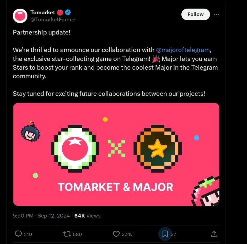 Tomarket Partners with Major for Star-Collecting Game — Here is How You Can Receive More Token In Airdrop