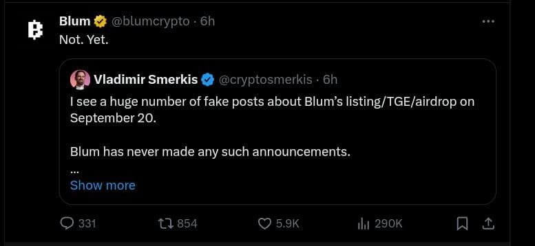 Blum Crypto — No Airdrop, Listing and TGE Is Happening on September 20
