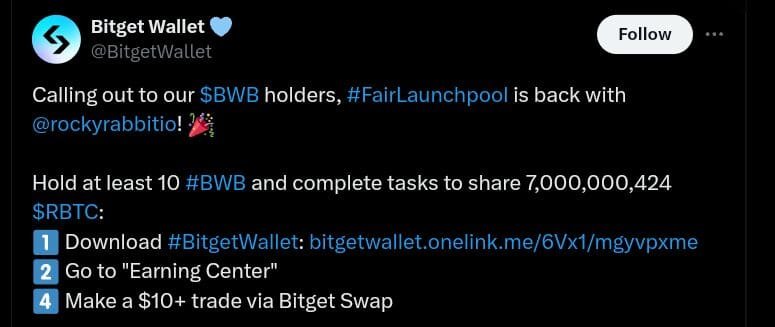 Bitget Wallet Announces FairLaunchpool Event with Rocky Rabbit for Massive RabBitcoin (RBTC) Coins 