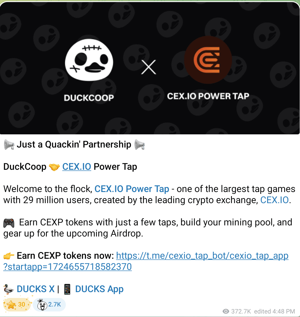 DuckCoop (DUCKS) Partners with CEX.IO Power Tap Ahead of Airdrop and Listing