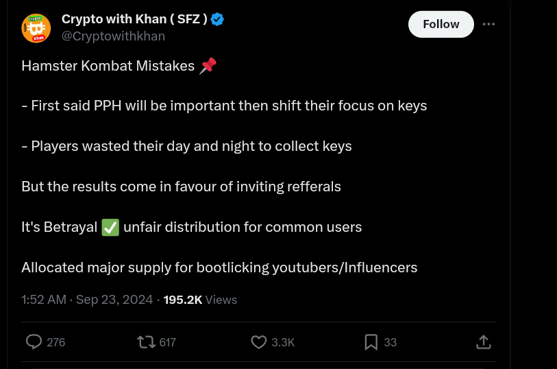 Hamster Kombat player disappointed with token airdrop allocation 