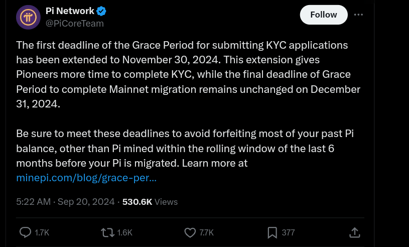 The Pi Network extended its KYC submission deadline