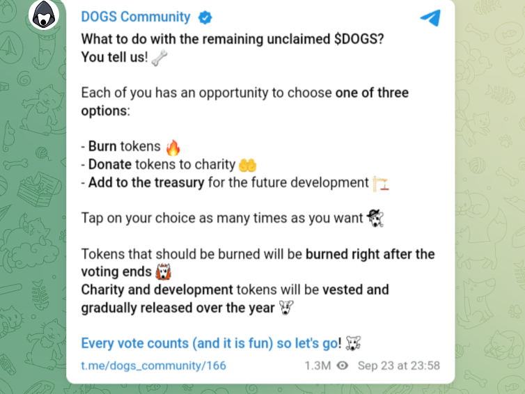 DOGS community called upon its members to vote on unclaimed token.