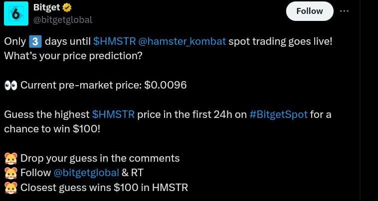 Bitget announces price prediction contest for Hamster Kombat (HMSTR) token
