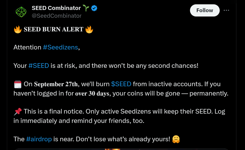 SEED issued warning regarding token burn. Source: X