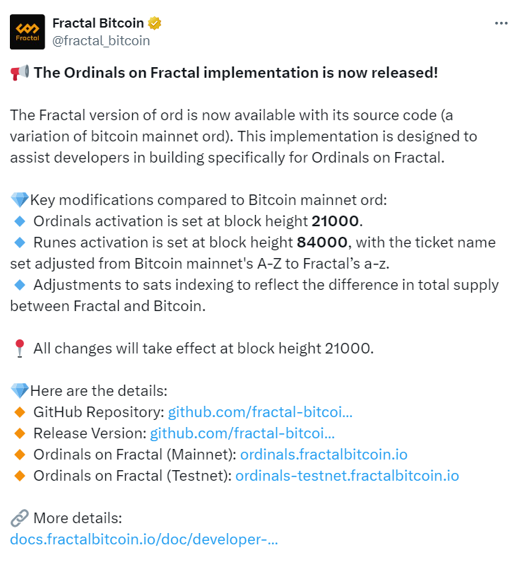 Fractal Bitcoin Ordinals Update | Source: Fractal Bitcoin 