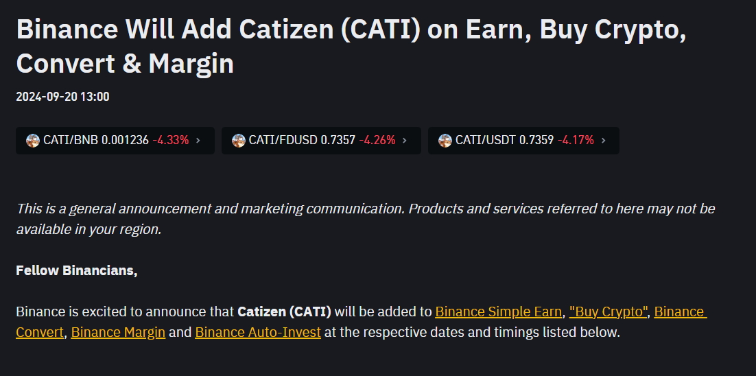 Binance Catizen Integration Announcement | Binance Official