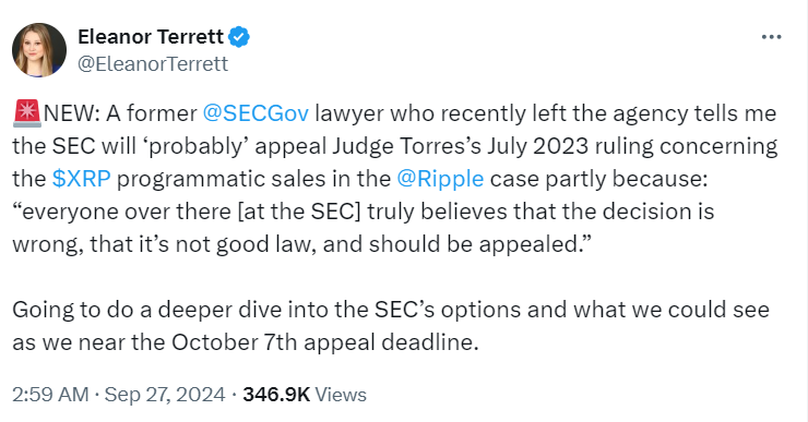 SEC Appeal Forecast on Ripple's XRP Ruling | Source: Eleanor Terrett