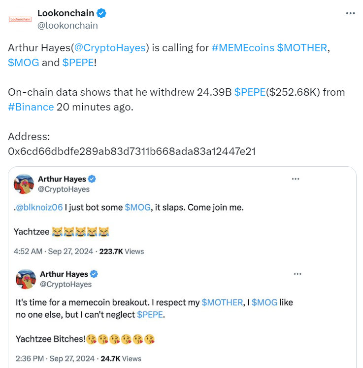 Arthur Hayes Endorses Meme Coins: A Closer Look at His Latest Moves"Source: Twitter @lookonchain