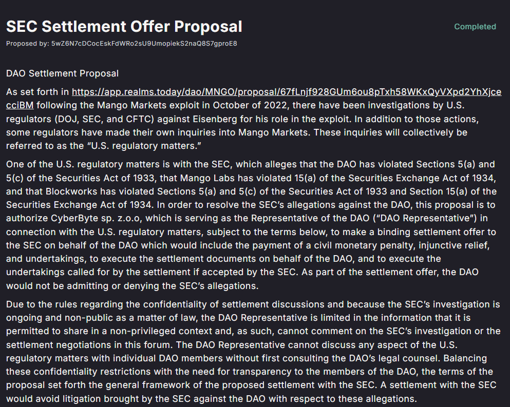 SEC Settlement Proposal for Mango Markets DAO | Mango Markets DAO