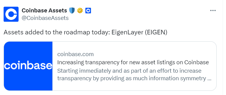 Coinbase Roadmap Update: EigenLayer Listing | Coinbase Assets