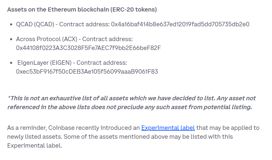 Coinbase Experimental Asset Listing Details | Coinbase Announcement