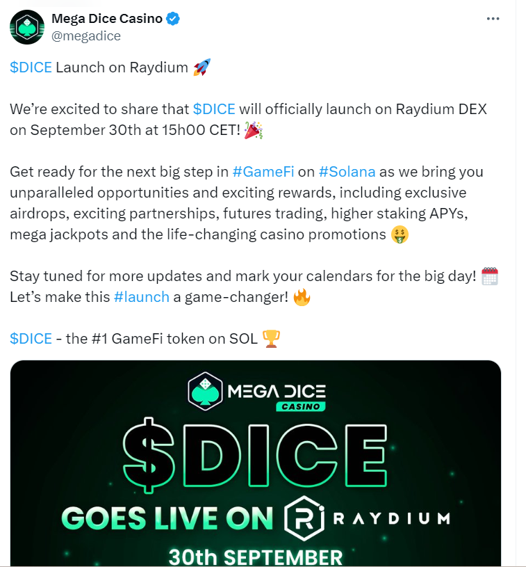 DICE Token Launch Announcement on Twitter | Mega Dice Casino