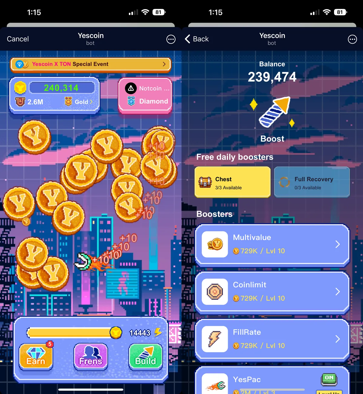 Yescoin Gameplay Boosters and Rewards Interface"
Source: Yescoin