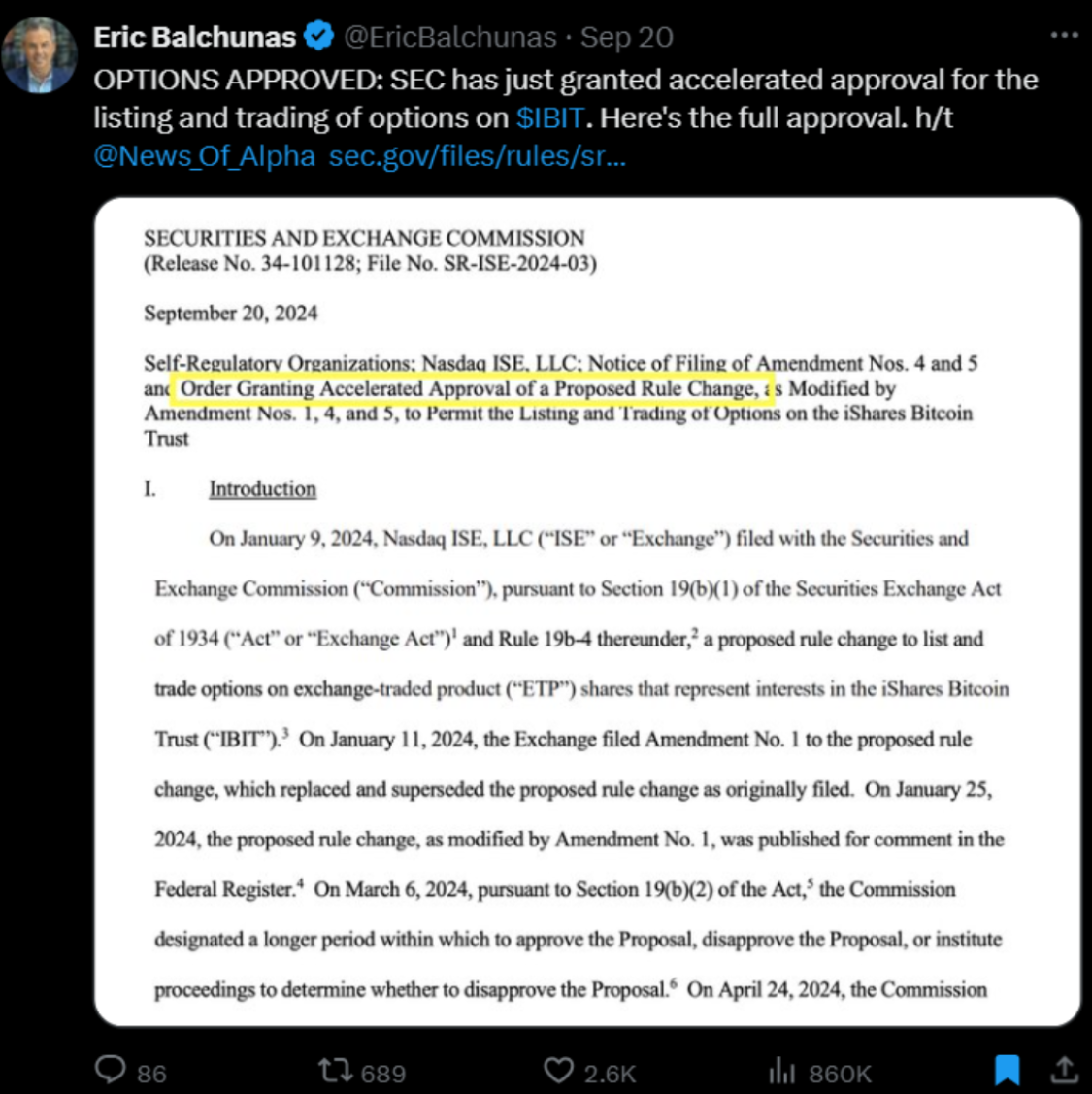 SEC Accelerates Approval of Bitcoin ETF Options - Source: Eric Balchunas on X