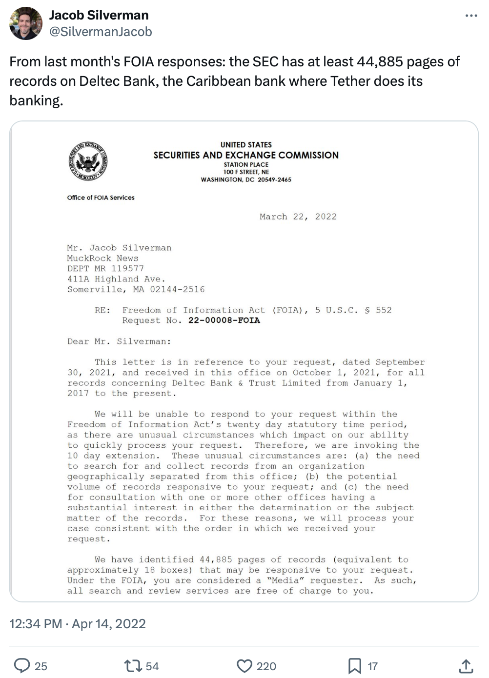 SEC Holds 44,885 Pages on Tether’s Bank – Source: X/@SilvermanJacob