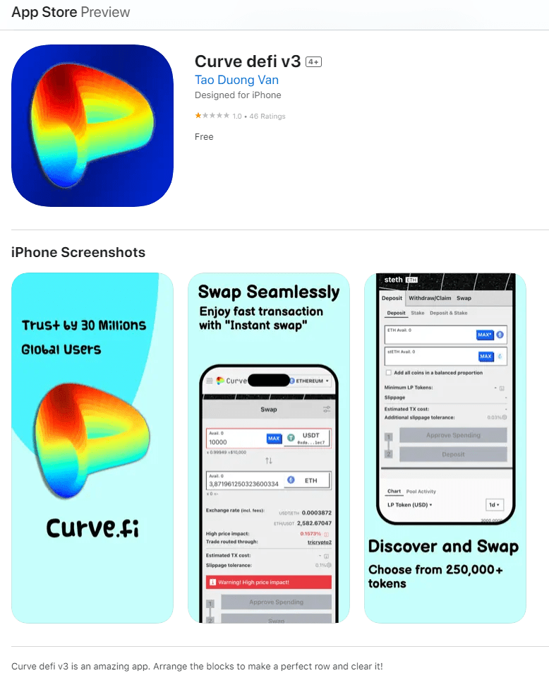 An Apple app store preview of the fake app impersonating Curve Finance. Source: Apple app store