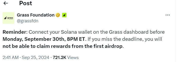 Grass Foundation Airdrop Wallet Deadline Reminder - Source: Grass Foundation (@grassfdn)