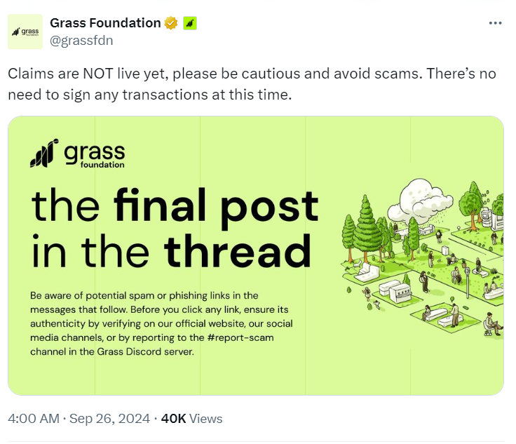  Grass Foundation Scam Warning: Airdrop Claims Not Live - Source: Grass Foundation (@grassfdn)