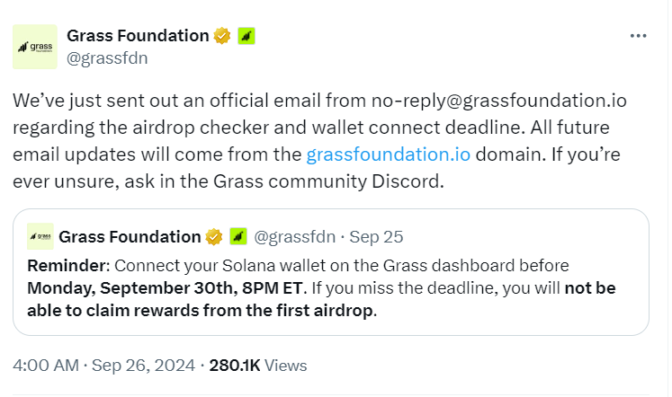  Grass Foundation Official Email Notice on Airdrop and Wallet Connection - Source: Grass Foundation (@grassfdn)