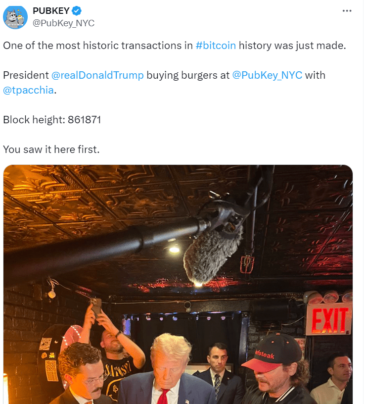 Trump's Bitcoin Burger Purchase at PubKey | Source: PubKey NYC"