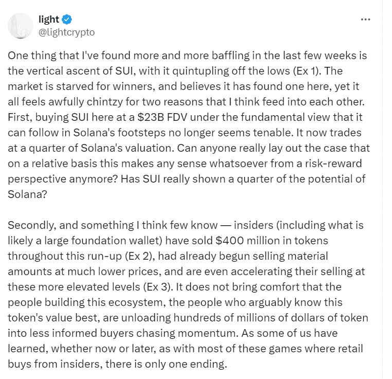 Lightcrypto Criticizes SUI's Price Surge and Insider Sales – Source: @lightcrypto