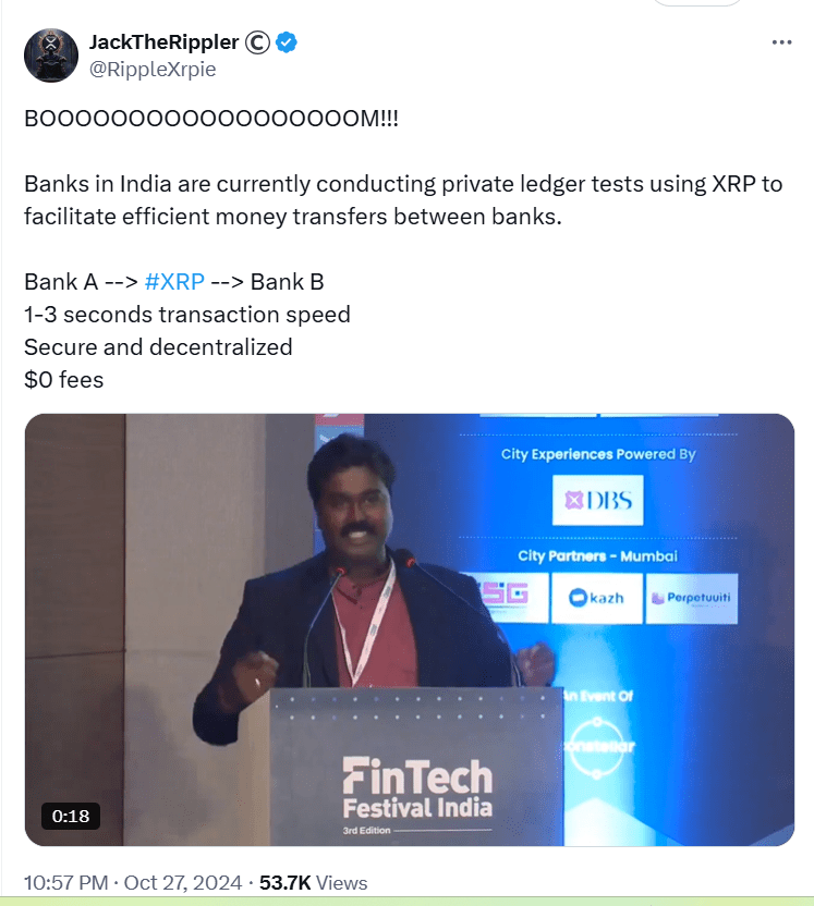 Alleged XRP Interbank Ledger Test at FinTech Festival India - Source: Twitter/@RippleXrpie