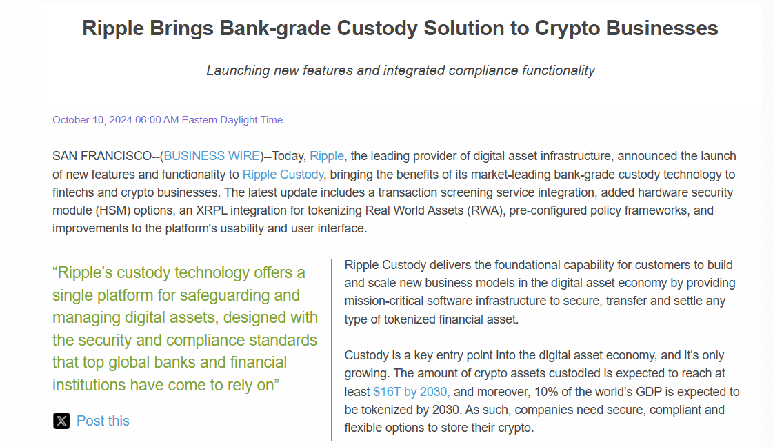 Ripple Launches Enhanced Custody Solution for Digital Assets - Source: Business Wire