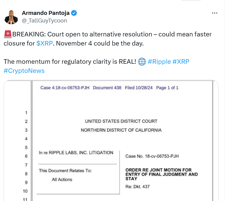 Ripple Court Considers Alternative Resolution – Source: Armando Pantoja"