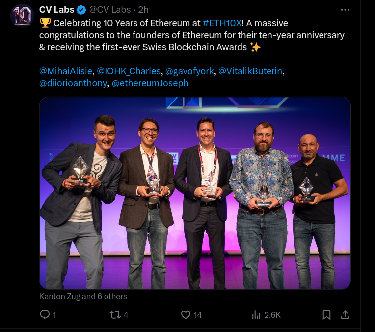Cardano (ADA) founder Charles Hoskinson got awarded at ETH10X event.