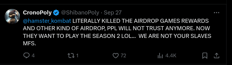 Users shared his frustration over Hamster Kombat $HMSTR Coin
airdrop on X