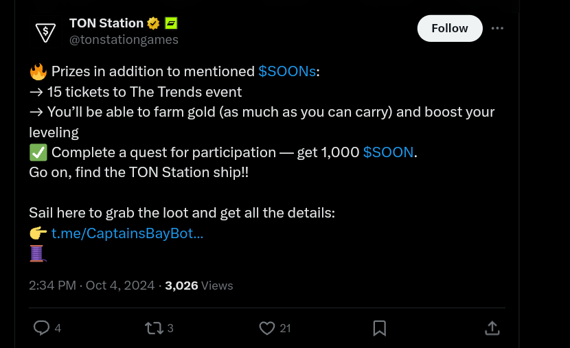 TON Station shared the details of the $SOON coin airdrop through event