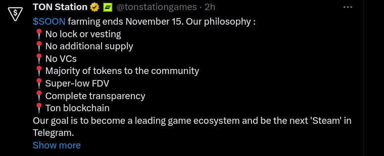 ToN Station farming date will now end on November 15. Source: X