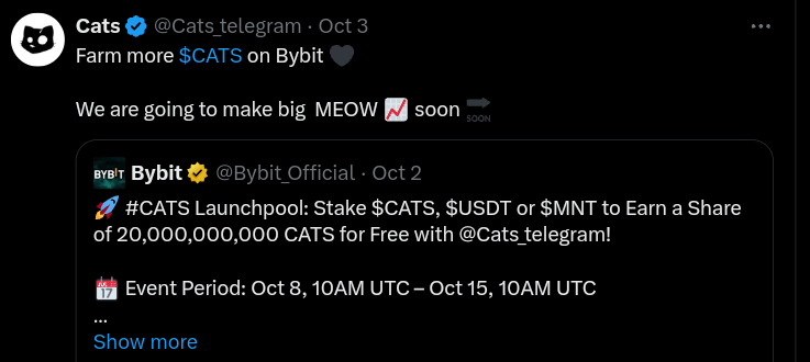 CATS announced airdrop and token listing on Bybit