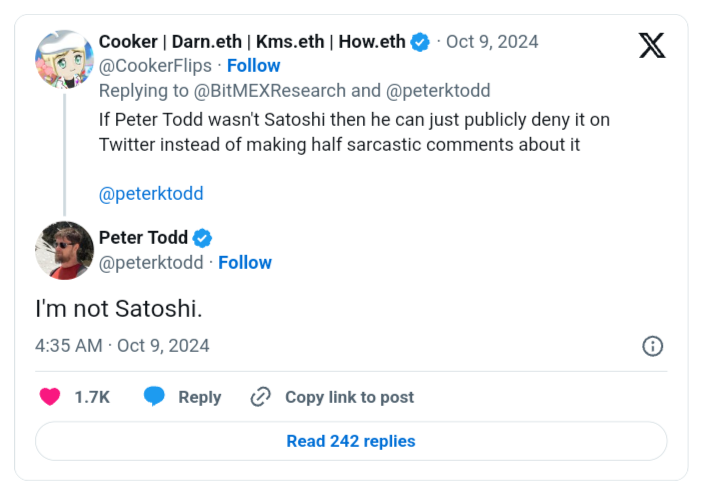 Peter Todd admitted that he is not Bitcoin creator Satoshi Nakamoto