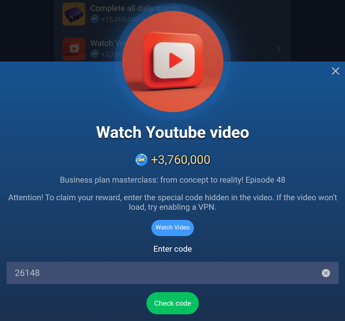 X Empire YouTube Video Episode 48 Code.