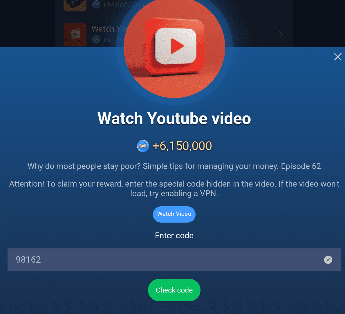 X Empire YouTube Video Episode 62 Code.