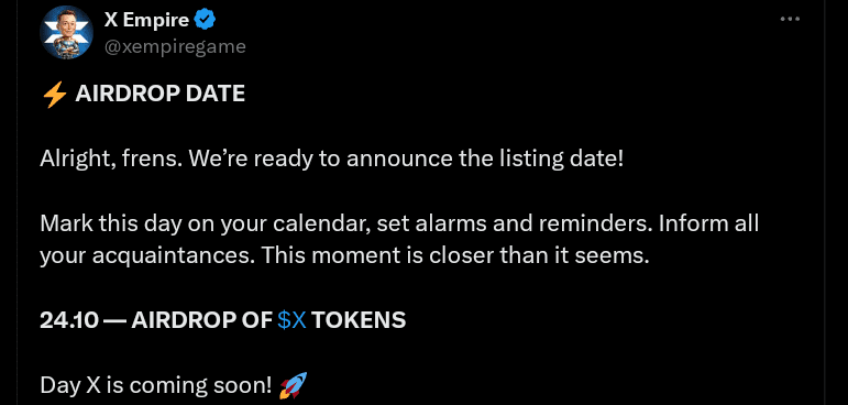 X Empire Airdrop date announced 